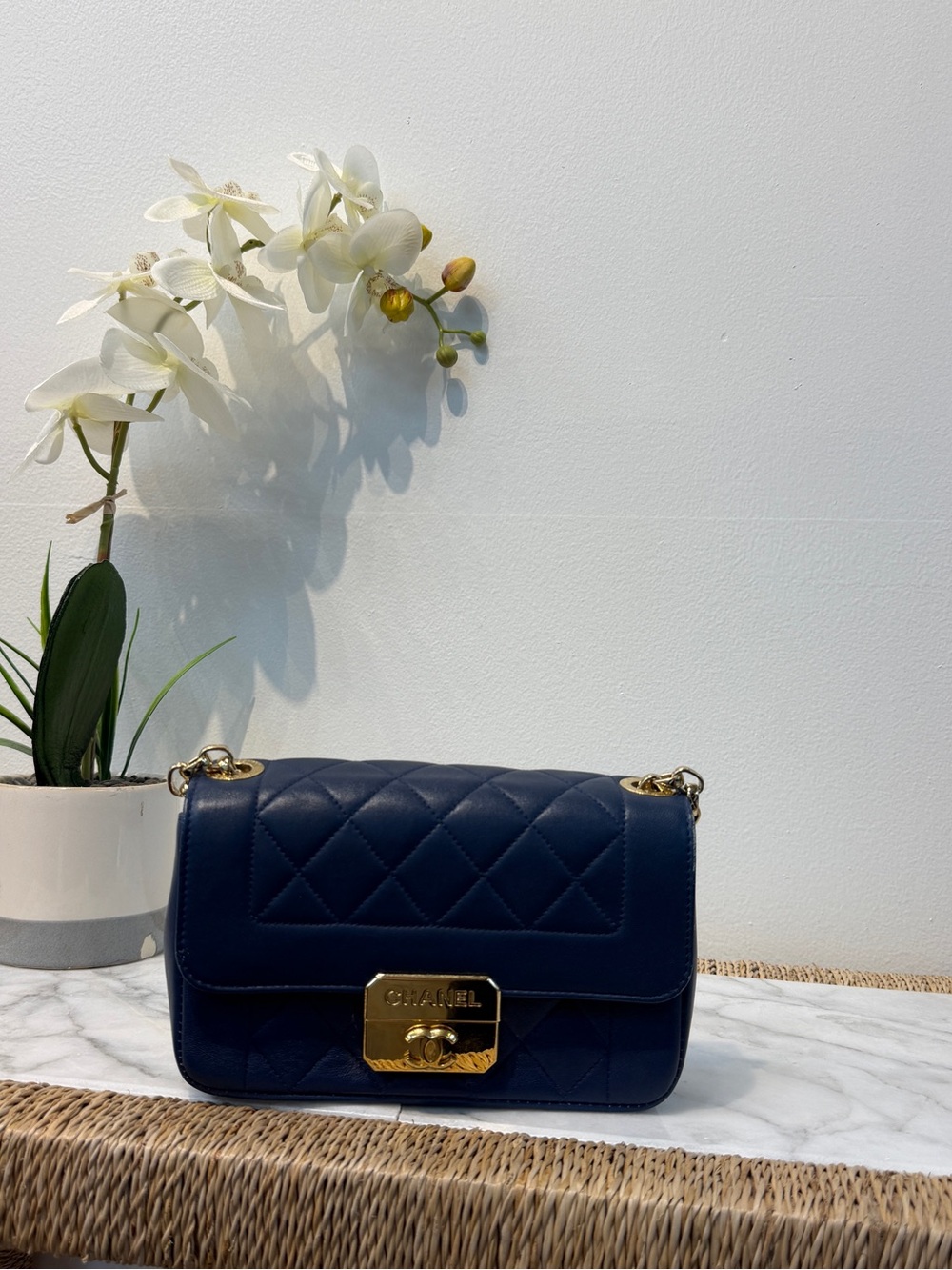 CHANEL Navy Blue Quilted Lambskin Leather Flap Crossbody Bag Gold Chain